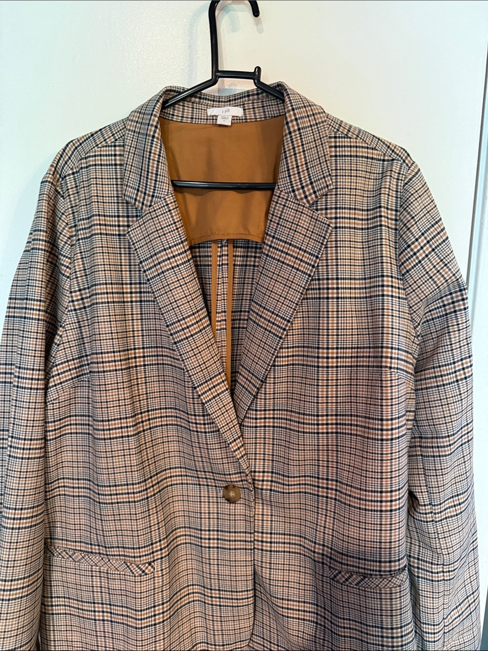 J. Jill Plaid Single-Button Blazer in Tan, Black and Cream